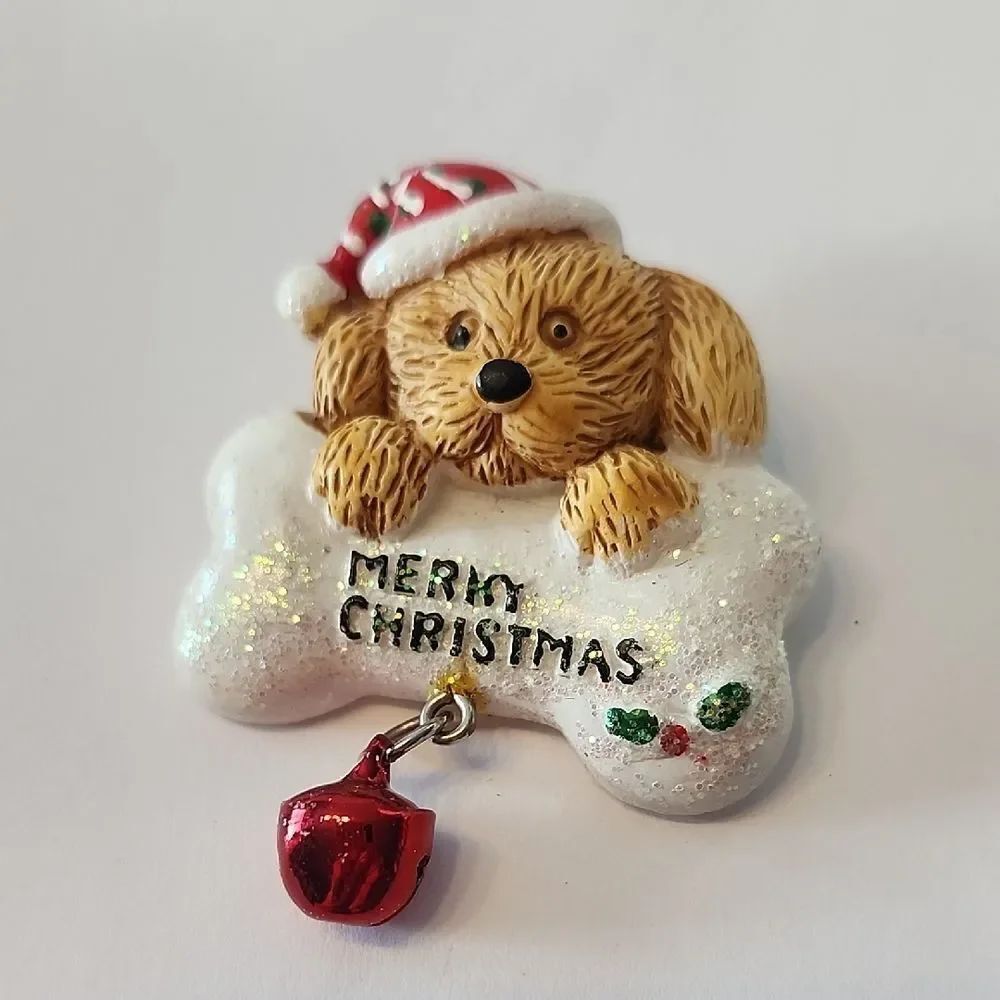 Merry Christmas Dog Blonde Golden Retriever Bone Red Jingle Bell Brooch Pin